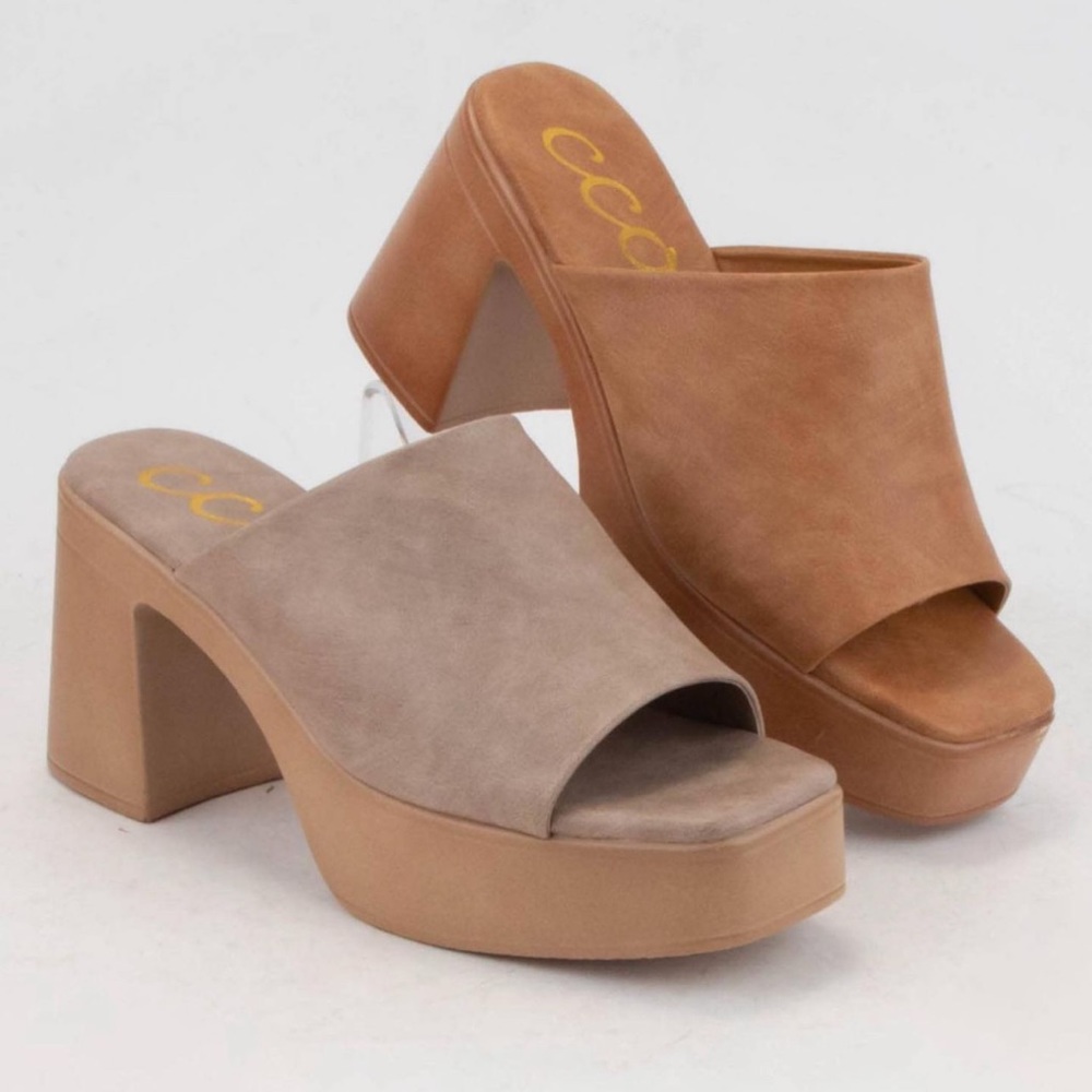 Camel square toe slip on platform block mules